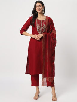 Salwat - Yoke Design Embroidered Straight Kurta with Trouser & Dupatta (Set of 3)