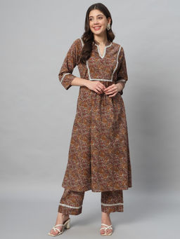 Salwat - Floral Printed Mandarin Neck Kurta with Trouser (Set of 2)