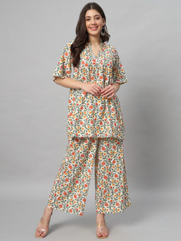 Salwat - Floral Printed V-Neck Regular Pure Cotton A-Line Kurti with Palazzo (Set of 2)