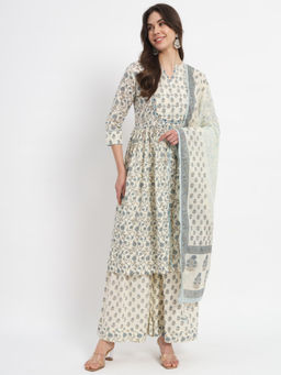 Salwat - Floral Printed Pleated Mirror Work Kurta with Sharara & Dupatta (Set of 3)