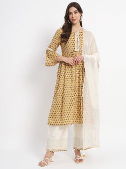 Salwat - Round Neck Ethnic Motifs Printed Regular Pure Cotton Kurta & Pant with Dupatta (Set of 3)