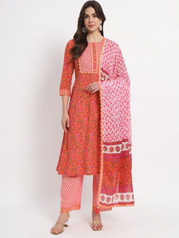 Salwat - Floral Printed A-Line Kurta with Trouser & Dupatta (Set of 3)