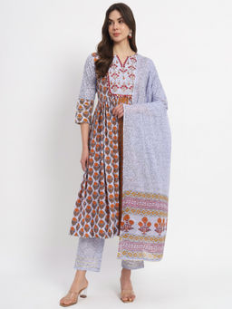 Salwat - Floral Printed Empire Thread Work Kurta with Trouser & Dupatta (Set of 3)