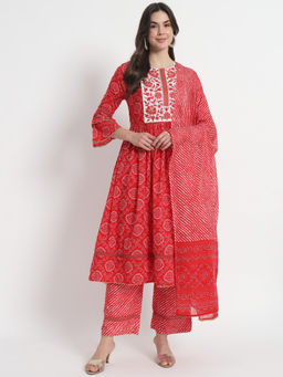 Salwat - Round Neck Bandhani Printed Empire Thread Work Kurta with Trouser (Set of 3)