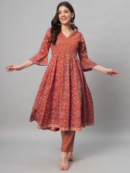 Salwat - Floral Printed Empire Pure Cotton V-Neck Kurta with Trouser (Set of 2)