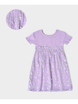 Mi Arcus - Girls Solid Round Neck Gathered Cotton Fit Flare Knee Length Dress