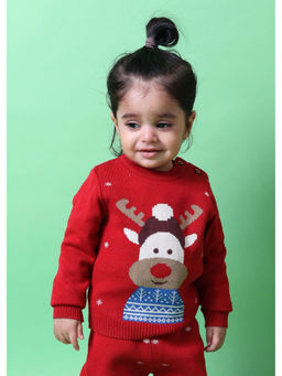 Kids of Greendeer - Highhearted Cotton Reindeer Jacquard Sweater Cherry Red