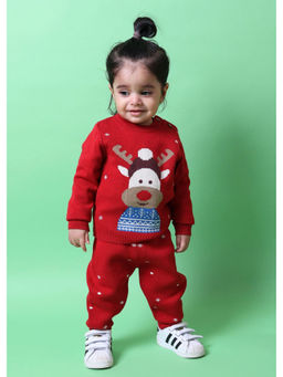 Kids of Greendeer - Highhearted Cotton Reindeer Jacquard Sweater with Lower Red (Set of 2)