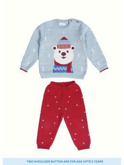Kids of Greendeer - Hearth Warming Bear Jacquard Cotton Sweater Blue & Cherry Red (Set of 2)