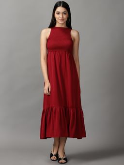 SHOWOFF - Womens Round Neck Midi Maroon Solid Dress