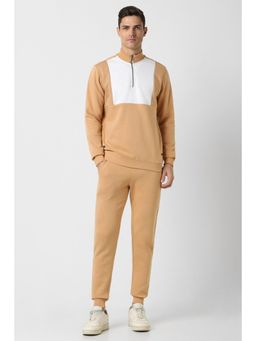 Peter England - Men Beige Colorblock Casual Sweatshirt Track Pants (Set of 2)