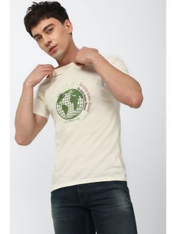 Peter England - Men Cream Graphic Print Crew Neck T-Shirt