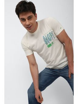 Peter England - Men Cream Graphic Print Crew Neck T-Shirt