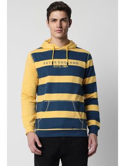 Peter England - Men Yellow Stripe Hooded Neck Sweatshirt