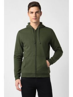 Peter England - Men Green Solid Hooded Neck Sweatshirt