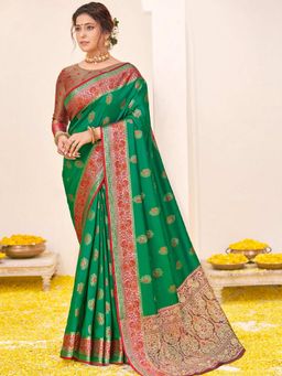 Odette - Womens Green Silk Woven Design Saree with Unstitched Blouse
