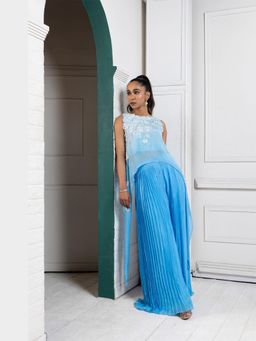 SMRITI - Sky Blue Bloom Cascade Embellished Asymmetric Palazzo and Top Set