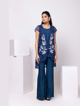 SMRITI - Navy Blue Midnight Leaf Embroidered Tunic and Pant Set