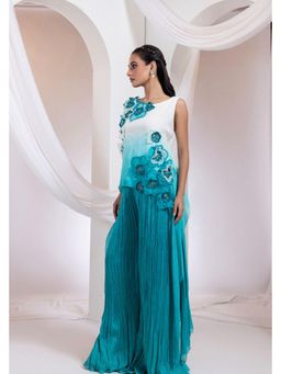 SMRITI - Teal Embellished Bloom Crest Drape Palazzo and Top Set