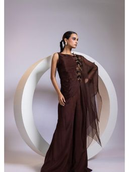 SMRITI - Brown Cocoa Embellished Nimbis Drape Palazzo and Top Set