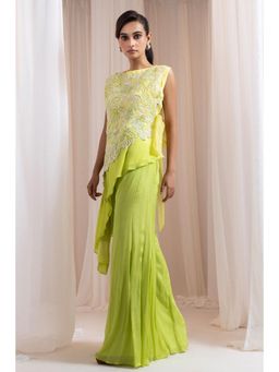 SMRITI - Green Embellished Citrine Flair Top and Palazzo with Jacket