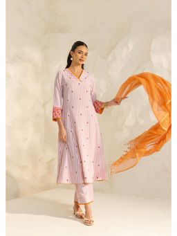 DOHR INDIA - Women Cotton Embroidered Pink Anarkali and Palazzo with Dupatta
