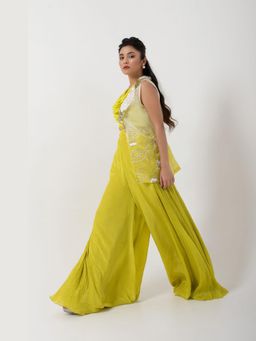 SMRITI - Green Embellished Prairie Sequin Top and Palazzo with Jacket