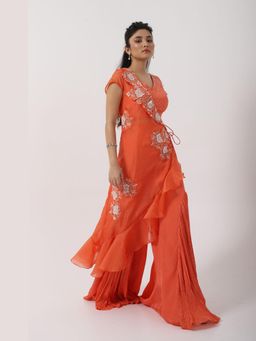 SMRITI - Orange Embellished Cinnamon Spice One Shoulder Cape with Top and Palazzo