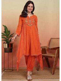 Gahan - Womens Embroidered Trendy Kurta with Patiala - Orange (Set of 2)