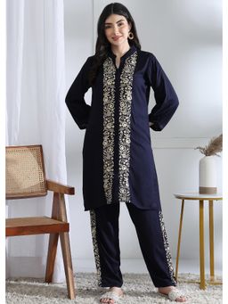 Gahan - Womens Floral Embroidered Designer Co-Ord - Navy Blue (Set of 2)