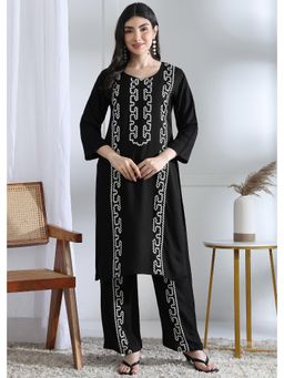 Gahan - Womens Floral Embroidered Designer Co-Ord - Black (Set of 2)