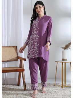 Gahan - Womens Floral Embroidered Designer Co-Ord - Lavender (Set of 2)