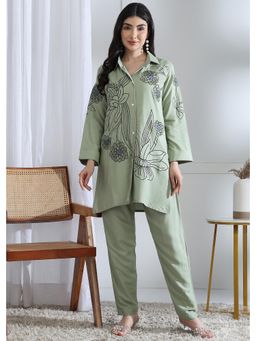 Gahan - Womens Floral Embroidered Designer Co-Ord - Olive (Set of 2)