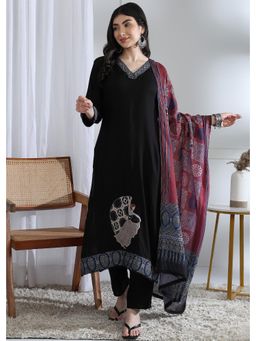 Gahan - Womens Black Thread Work Kurta with Matching Pants and Dupatta - Black (Set of 3)