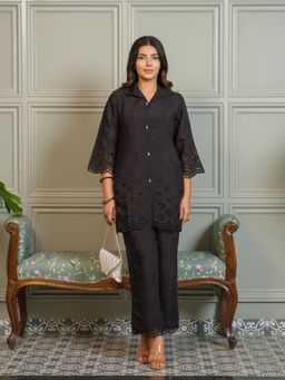 Gahan - Womens Schiffli Design Co-Ord with Front Button - Black (Set of 2)