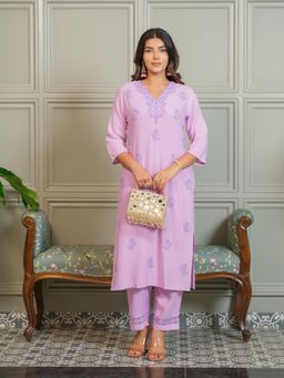 Gahan - Womens Ethnic Wear Embroidered Lucknowi Kurta with Pants - Lavender (Set of 2)