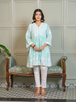 Gahan - Womens Cotton Chikankari Kurti With Front Button & V-Neckline - Blue