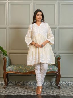 Gahan - Womens Cotton Chikankari Kurti With Front Button & V-Neckline - Cream