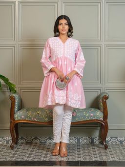 Gahan - Womens Cotton Chikankari Kurti With Front Button & V-Neckline - Pink