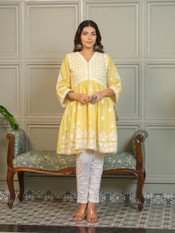 Gahan - Womens Cotton Chikankari Kurti With Front Button & V-Neckline - Yellow