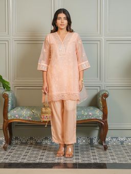Gahan - Womens Chikankari Embroidered Organza V-Neckline Co-Ord - Peach (Set of 2)