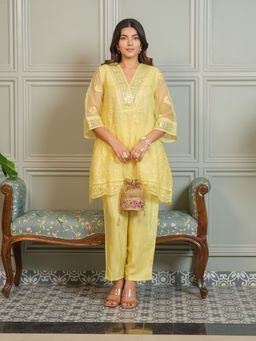 Gahan - Womens Chikankari Embroidered Organza V-Neckline Co-Ord - Yellow (Set of 2)