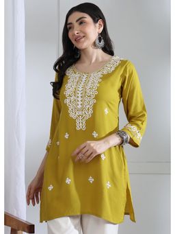 Gahan - Stylish Womens Embroidered Short Tunic - Yellow