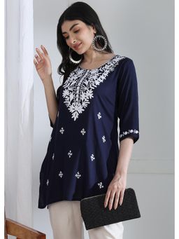 Gahan - Stylish Womens Embroidered Short Tunic - Navy Blue