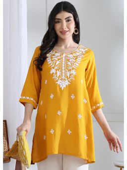 Gahan - Stylish Womens Embroidered Short Tunic - Yellow