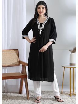Gahan - Womens Embroidered Kurta With Elegant Neck Design - Black