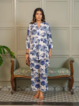 Gahan - Womens Floral Flared Co-Ord Stylish Two-Piece Outfit - Blue (Set of 2)