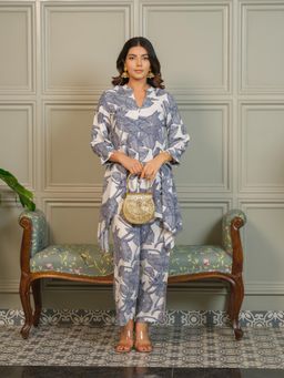 Gahan - Womens Floral Printed Rayon Co-Ord with Inverted Stitch Detailing - Blue (Set of 2)