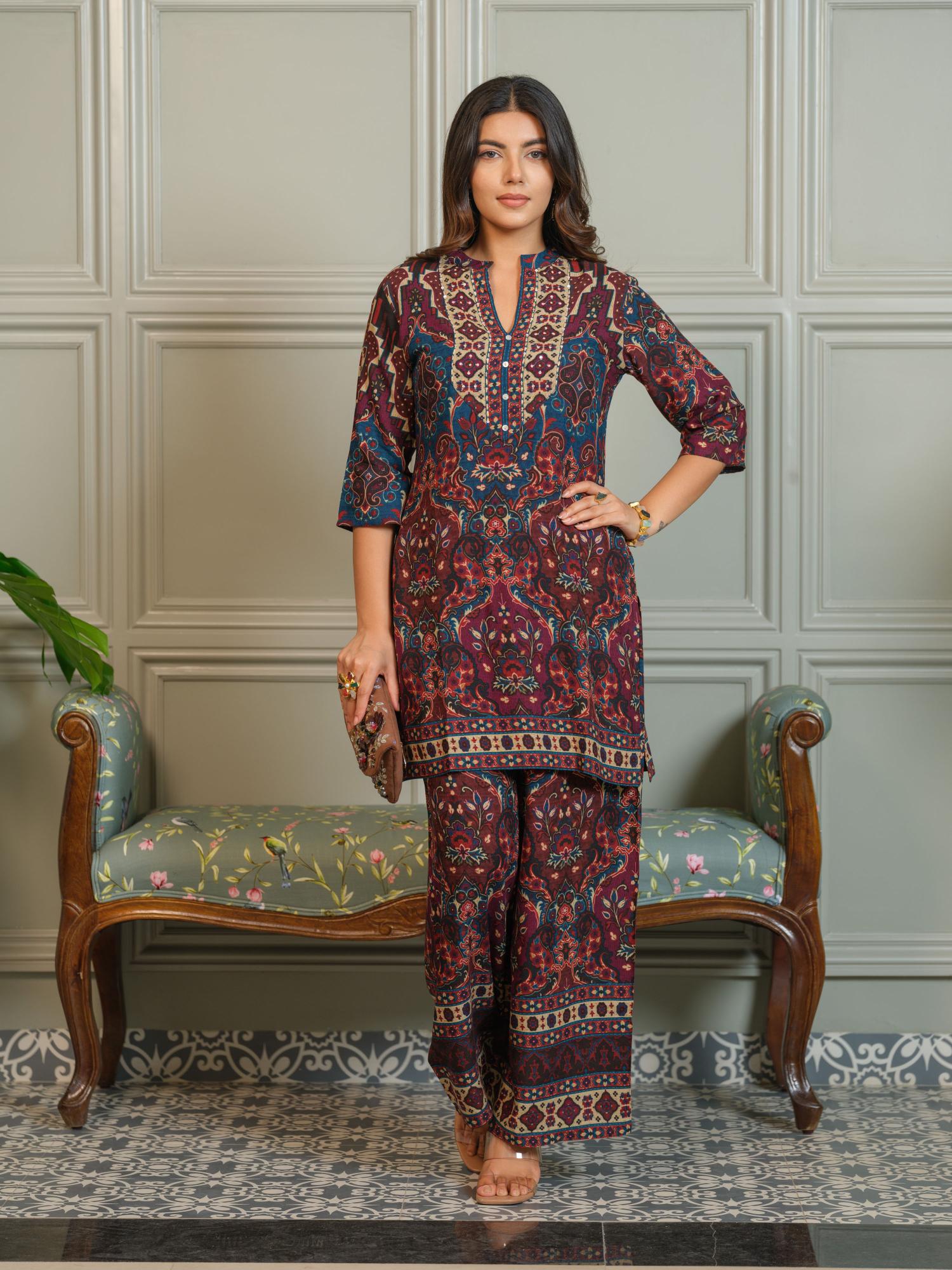 gahan Womens Ajrak Print Co-Ord with Kurta and Palazzo - Purple (Set of 2)-picture-13