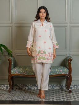 Gahan - Womens Embroidered Floral Co-Ord With Collar - White (Set of 2)